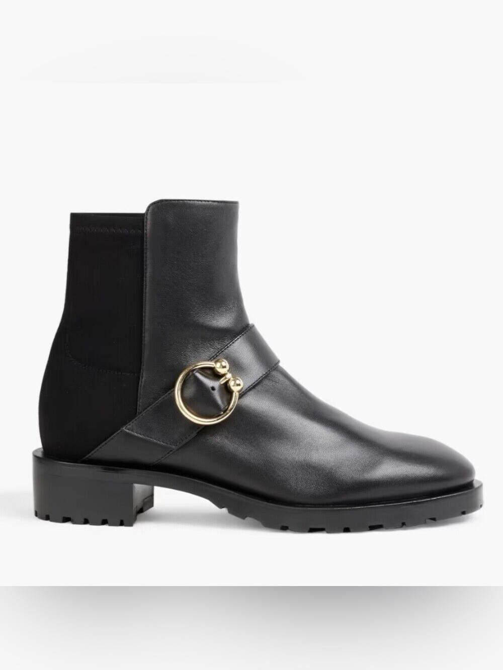 Stuart Weitzman Black Leather Ankle Boots with Gold Ring Accent